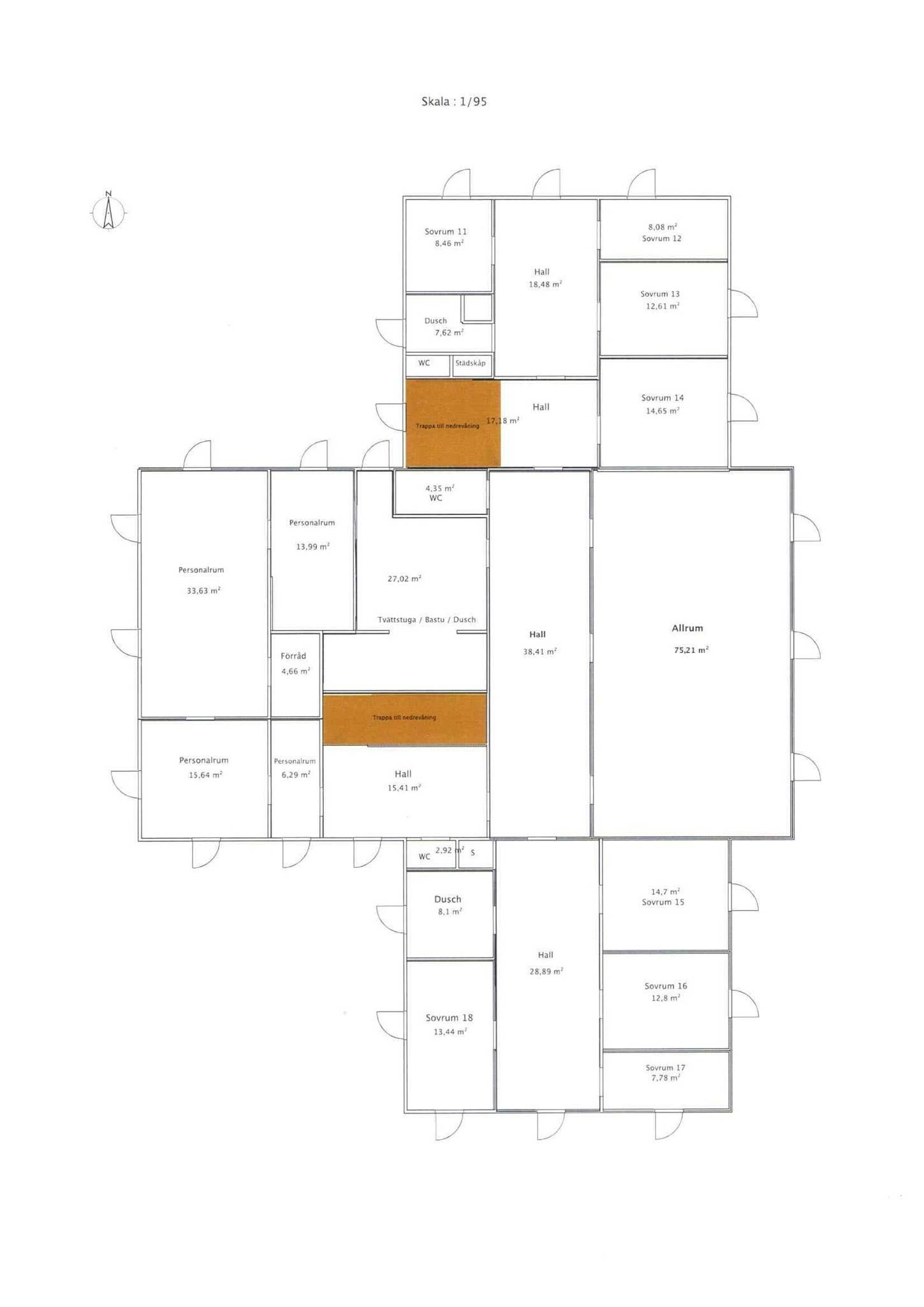 Planritning över mangårdsbyggnadens övervåning med allrum, personalrum och sovrum 11 till 18